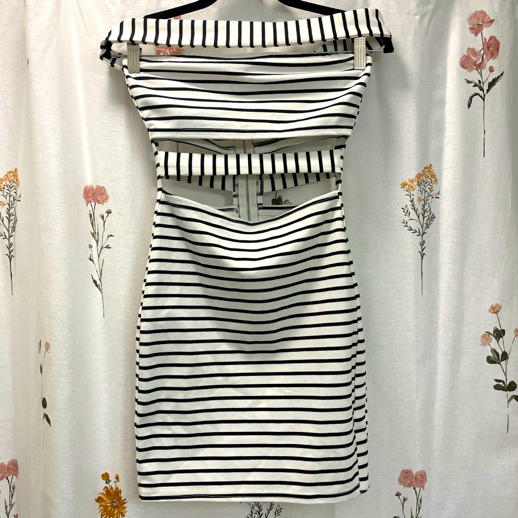 Black & White Striped Bodycon Off The Shoulder Dress